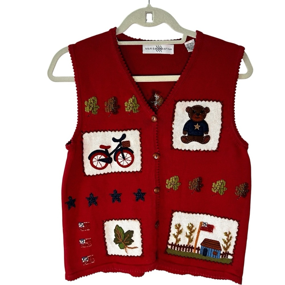 Marisa Christina Vintage Red Wool Blend Americana Teddy Bear Knit Sweater Vest S - Picture 3 of 16